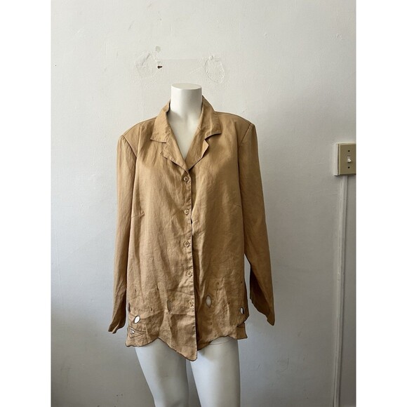 Lino USA Womens Linen Blazer Jacket Size XL Beige 3/4 Sleeve Cut Out Lace Button - Picture 1 of 8